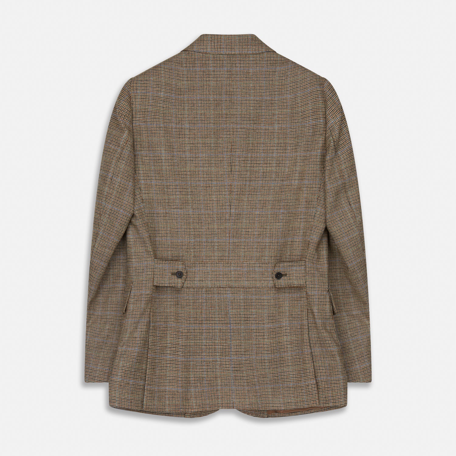 View 4 of product The Byron Wool Check Travel Jacket by Turnbull & Asser features a brown plaid pattern, notched lapel, four flap utility pockets, and dark buttons. This lightweight wool jacket is shown on a plain white background.