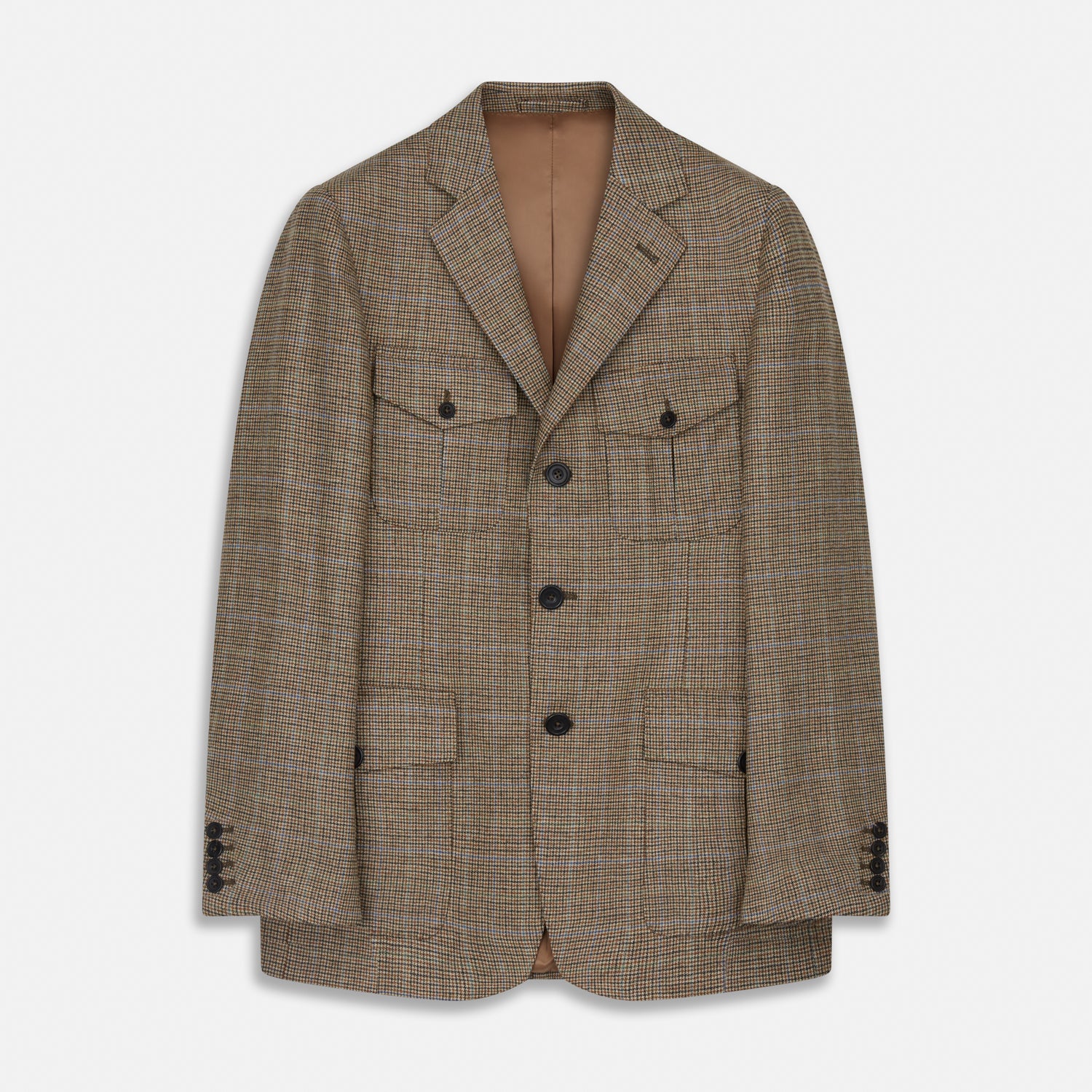 View 1 of product The Byron Wool Check Travel Jacket by Turnbull & Asser features a brown plaid pattern, notched lapel, four flap utility pockets, and dark buttons. This lightweight wool jacket is shown on a plain white background.