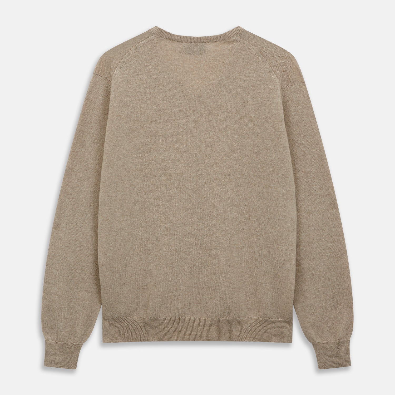 View 3 of product The Beige Paden V-Neck Jumper by Turnbull & Asser, made of pure cashmere, features long sleeves and ribbed cuffs and hem. It is shown flat on a white background with the label visible at the neckline.