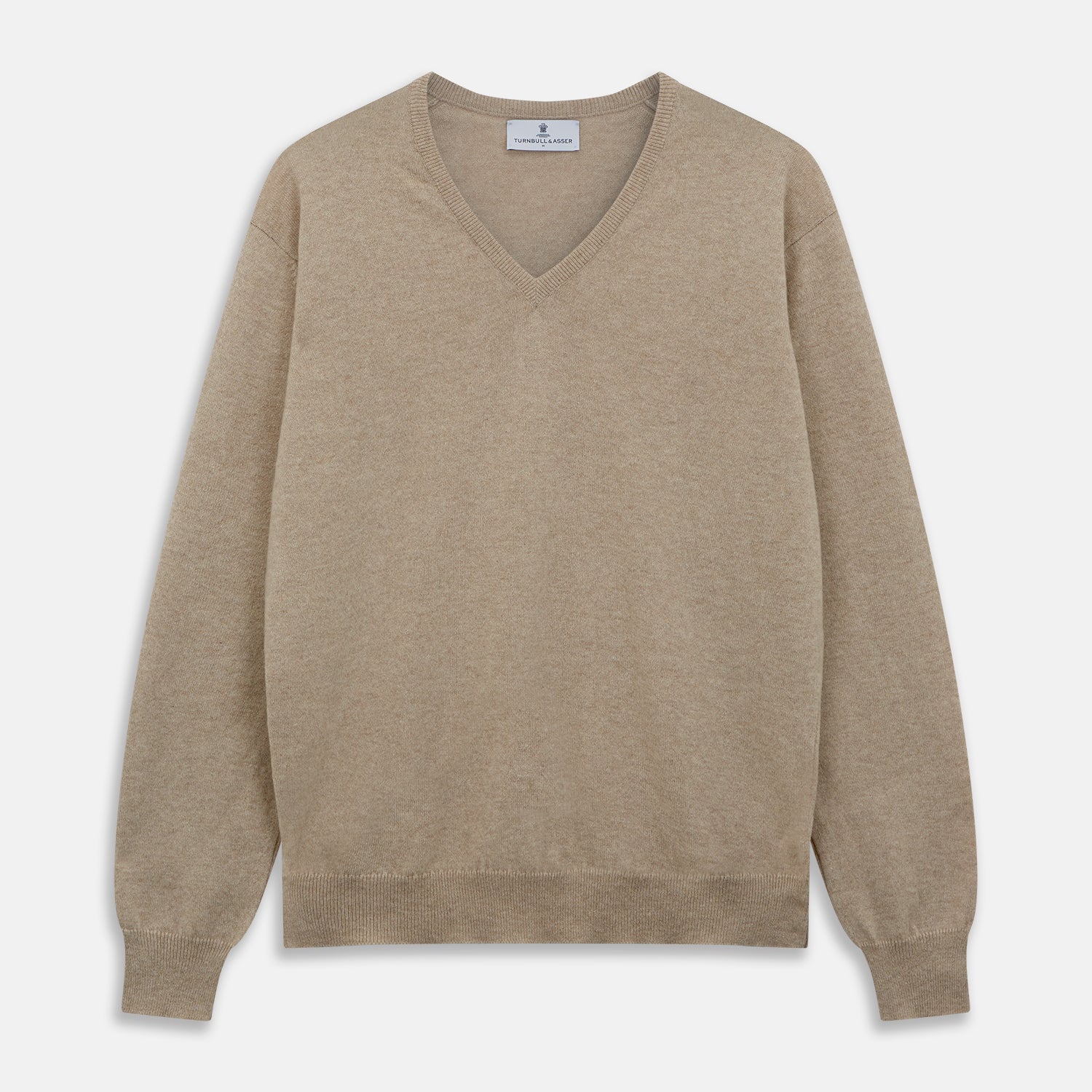 View 1 of product The Beige Paden V-Neck Jumper by Turnbull & Asser, made of pure cashmere, features long sleeves and ribbed cuffs and hem. It is shown flat on a white background with the label visible at the neckline.