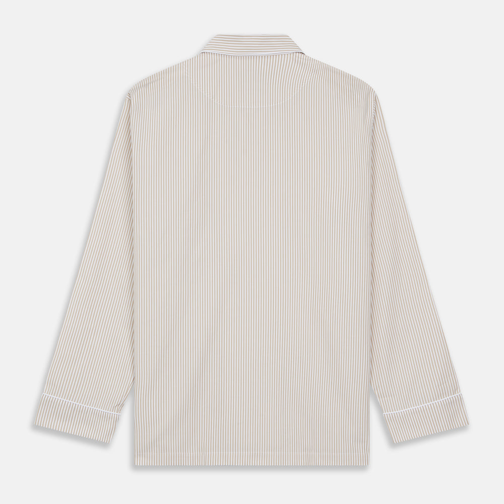The Turnbull & Asser Sand Bengal Stripe Modern Fit Cotton Pyjama Set features cream-colored striped Italian cotton, with a long-sleeved button-up top and matching drawstring pants, neatly displayed against a white background.
