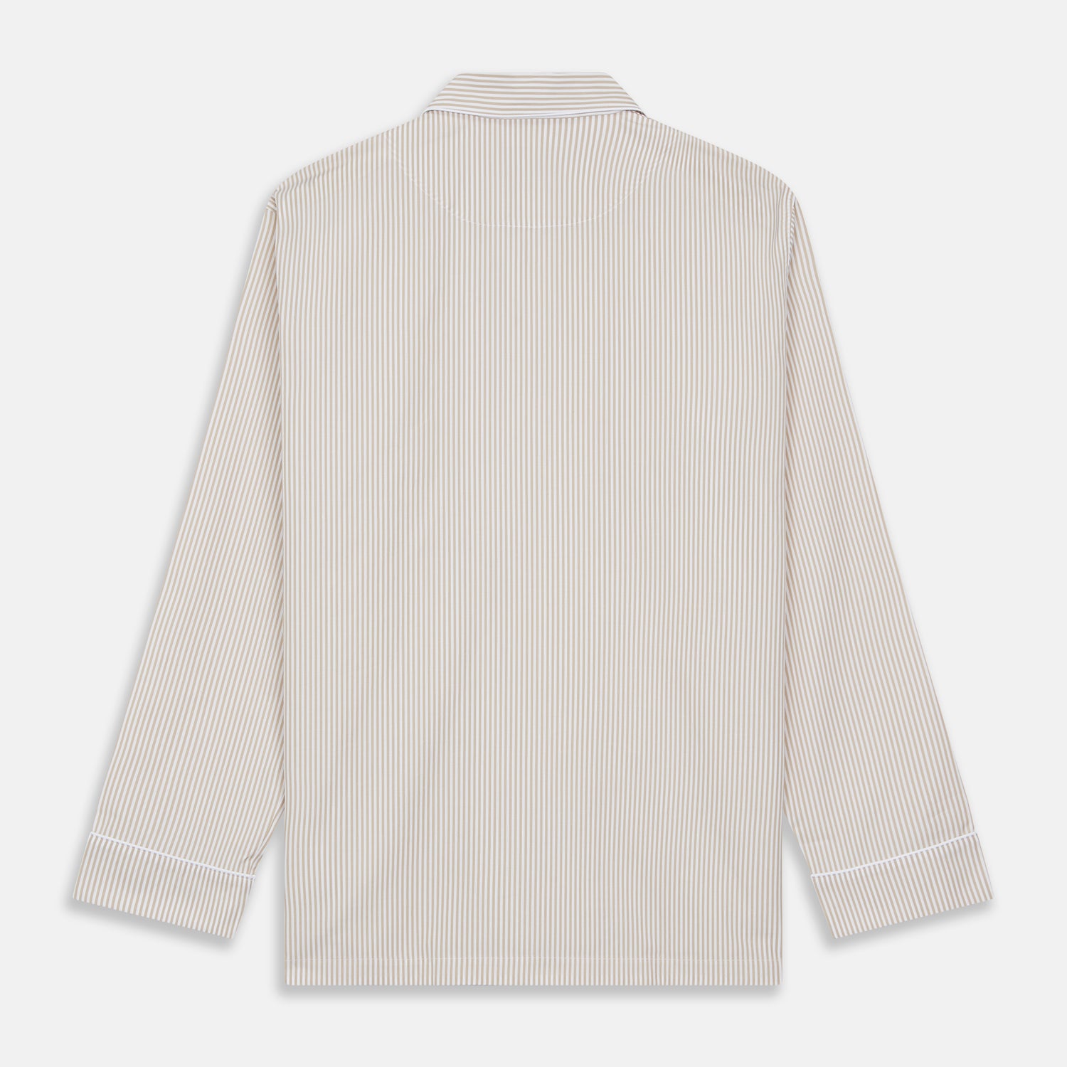 View 7 of product The Turnbull & Asser Sand Bengal Stripe Modern Fit Cotton Pyjama Set features cream-colored striped Italian cotton, with a long-sleeved button-up top and matching drawstring pants, neatly displayed against a white background.
