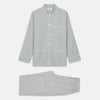 View 6 of product The Turnbull & Asser Green Bengal Stripe Modern Fit Cotton Pyjama Set features a long-sleeve button-up shirt with chest pocket and elastic waistband pants, crafted from soft Italian cotton and displayed on a white background.