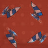 View 3 of product The Turnbull & Asser Red Windsurfer Double-Faced Silk Print Pocket Square features a vibrant windsurfer pattern on silk with a dark blue border and the brand subtly printed in one corner.