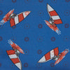 View 3 of product The Turnbull & Asser Blue Windsurfer Double-Faced Silk Print Pocket Square features a blue silk design with colorful windsurfers and vivid red edges, finished with the Turnbull & Asser logo in one corner.