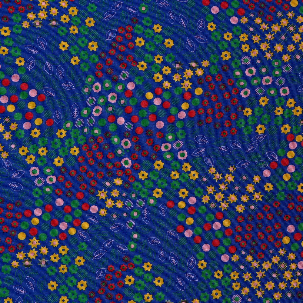 The Turnbull & Asser Navy Abstract Floral Silk Pocket Square features a vibrant blue base with colorful flowers, dots, and leaves arranged in a symmetrical geometric design for a sharp, tailored look.