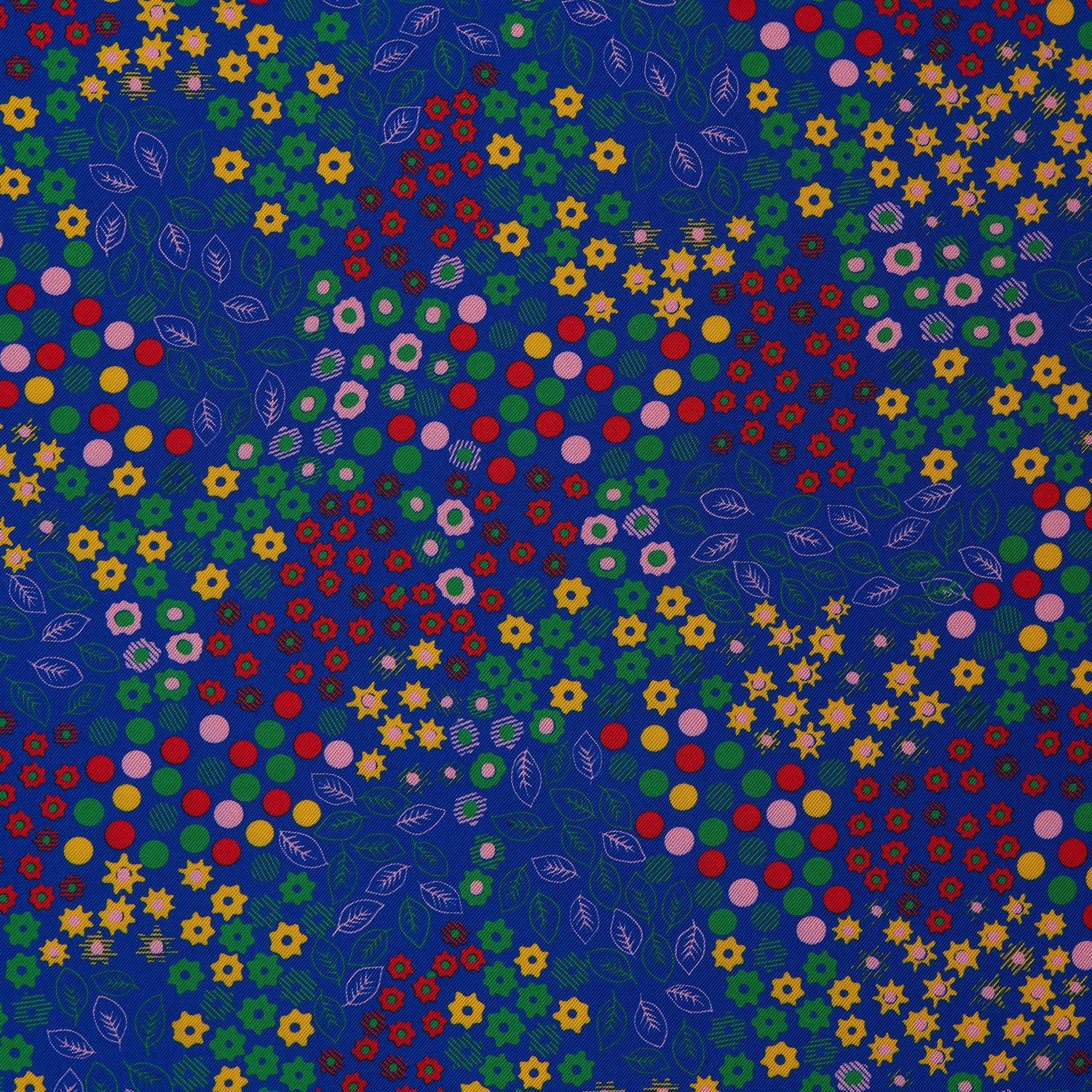 View 3 of product The Turnbull & Asser Navy Abstract Floral Silk Pocket Square features a vibrant blue base with colorful flowers, dots, and leaves arranged in a symmetrical geometric design for a sharp, tailored look.
