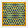 View 1 of product The Yellow Medallion Print Silk Pocket Square by Turnbull & Asser features blue hexagons with ochre yellow centers on a dark blue background, bordered by a dotted ochre yellow frame—a stylish accessory for any suit.