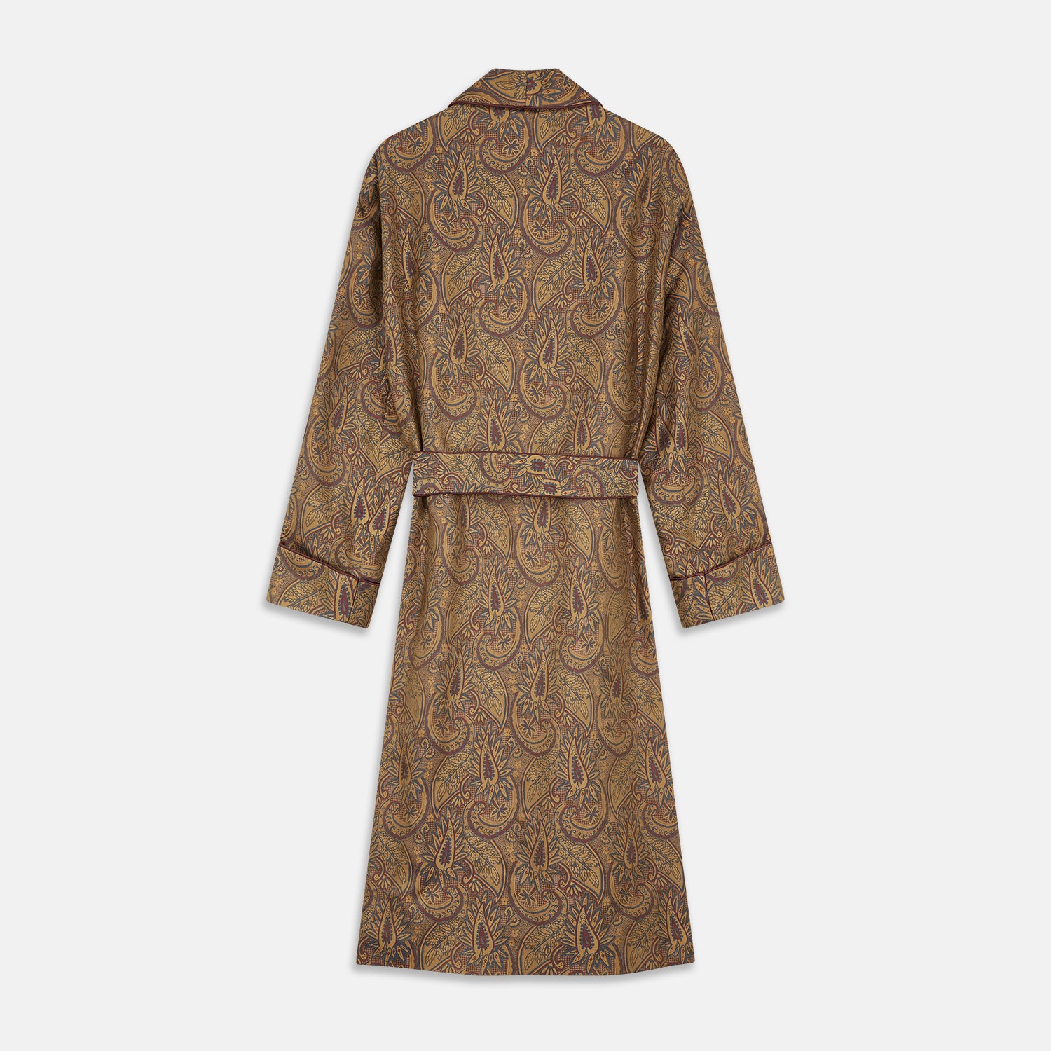 View 4 of product The Turnbull & Asser Gold Paisley Traditional Silk Jacquard Gown features a brown and gold paisley pattern, shawl collar, front pockets, and matching fabric belt. Displayed on a white background, it’s perfect for winter comfort.