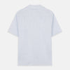 View 3 of product The Turnbull & Asser Blue Linen Stripe Holiday Fit Shirt features short sleeves, a revere collar, and single chest pocket, perfect for resort wear. Shown on a plain white background.