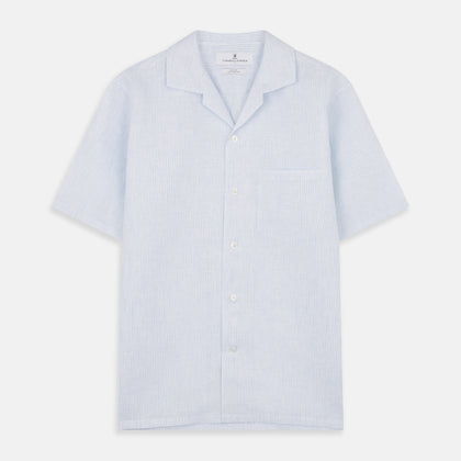 Blue Linen Stripe Holiday Fit Shirt with Revere Collar