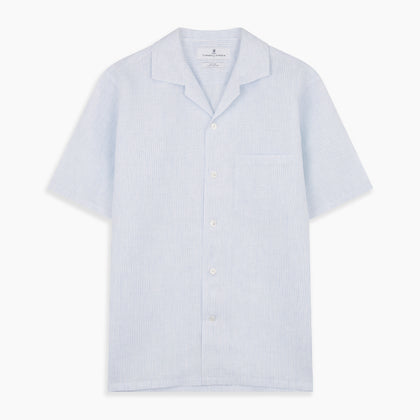 Blue Linen Stripe Holiday Fit Shirt with Revere Collar Image 4