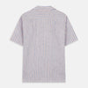 View 4 of product The Turnbull & Asser Blue and Red Linen Stripe Holiday Fit Shirt features a revere collar, relaxed fit, and short sleeves—perfect resort wear with vertical blue, white, and light red stripes.
