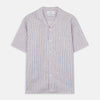 View 1 of product The Turnbull & Asser Blue and Red Linen Stripe Holiday Fit Shirt features a revere collar, relaxed fit, and short sleeves—perfect resort wear with vertical blue, white, and light red stripes.