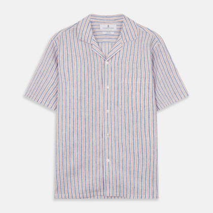 Blue and Red Linen Stripe Holiday Fit Shirt with Revere Collar