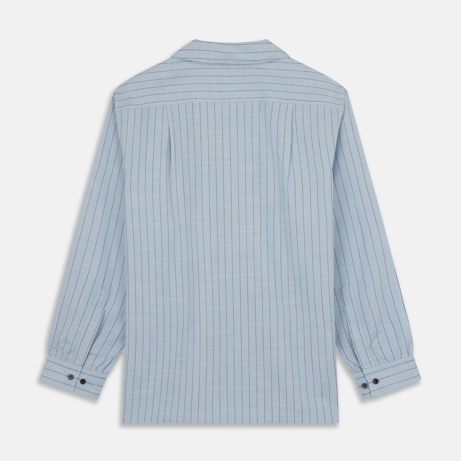 View 5 of product Turnbull & Asser's Pale Blue Stripe Cotton Holiday Fit Shirt features a revere collar, thin black pinstripes, single button cuff, chest pocket, and black buttons—crafted from Italian cotton and laid flat on a white background.