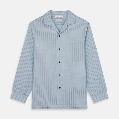 Pale Blue Stripe Cotton Holiday Fit Shirt with Revere Collar & Single Button Cuff