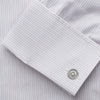 View 3 of product A Turnbull & Asser Blue Double Stripe Regular Fit Sea Island Quality Cotton Shirt with T&A collar and double cuffs, laid flat on a white background.