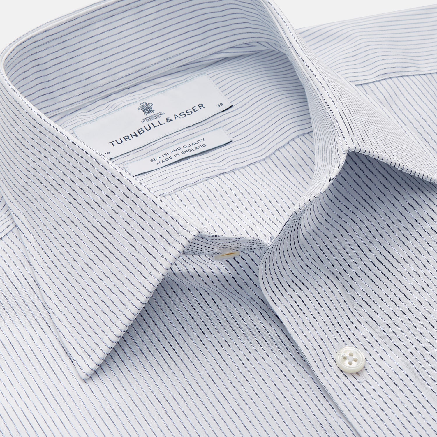 View 2 of product Turnbull & Asser Blue & White Stripe Sea Island Quality Cotton Regular Fit Mayfair shirt with a classic collar and buttoned cuffs, laid flat on a white background.