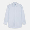 View 1 of product The Turnbull & Asser Pale Blue Stripe Regular Fit Sea Island Quality Cotton Shirt features a T&A collar and 3-button cuffs, laid flat on a white background.
