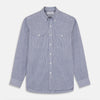 View 1 of product Turnbull & Asser’s Indigo Chambray Stripe Weekend Fit Shirt with Dorset collar features thin white pinstripes, two button-flap chest pockets, buttoned cuffs, and relaxed styling—presented flat on a white background.
