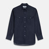 View 1 of product The Turnbull & Asser Navy Chambray Weekend Fit Shirt features a Dorset collar, long sleeves with 1-button cuffs, and two button-flap chest pockets. This officer’s shirt is displayed flat on a white background.