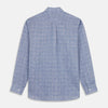 View 6 of product The Indigo Linen Glen Check Weekend Fit Shirt with Derby Collar by Turnbull & Asser is a light blue, long-sleeve checked linen shirt, featuring a subtle white plaid pattern and shown against a plain white background.