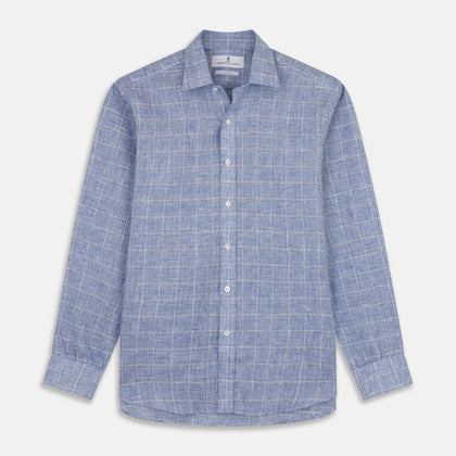 Indigo Linen Glen Check Weekend Fit Shirt with Derby Collar