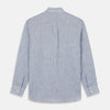 View 5 of product The Turnbull & Asser Sky Blue Linen Stripe Weekend Fit Shirt features blue and white vertical stripes, a Derby collar, and buttoned cuffs—ideal for pairing with classic cotton suits or other Weekend Fit shirts.