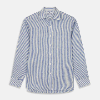 Sky Blue Linen Stripe Weekend Fit Shirt with Derby Collar
