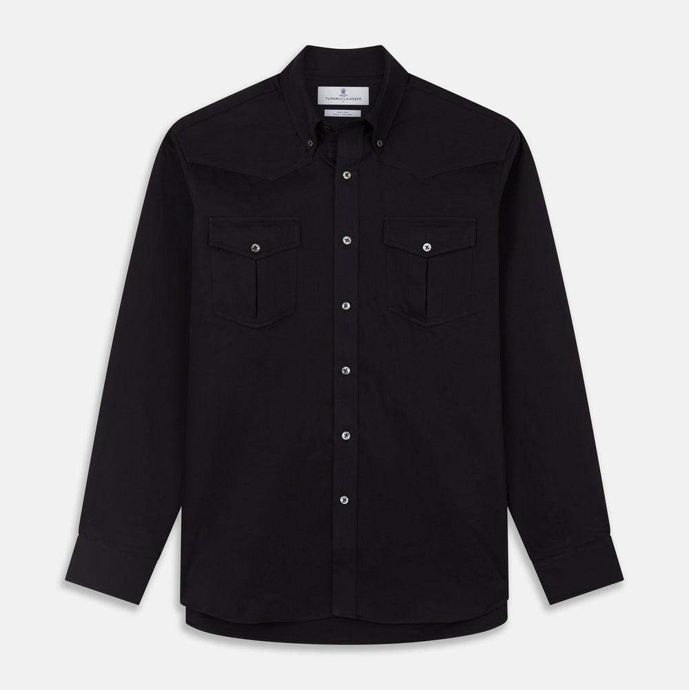 The Turnbull & Asser Navy Cotton Weekend Fit Western Shirt features a Dorset collar and two chest pockets with flaps, shown on a white background—ideal for smart-casual style.