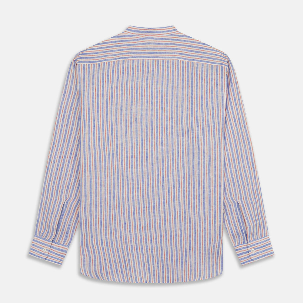 Blue & Red Linen Stripe Weekend Fit Shirt with Stand Collar