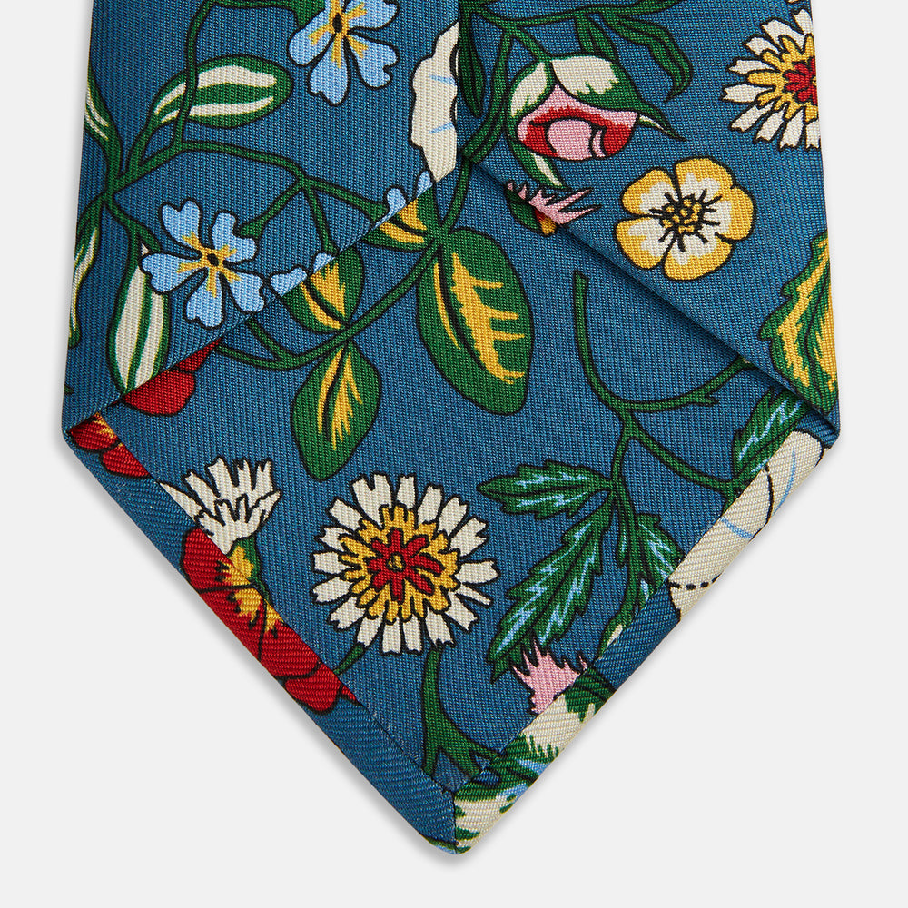 Teal Wildflower Printed Silk Tie