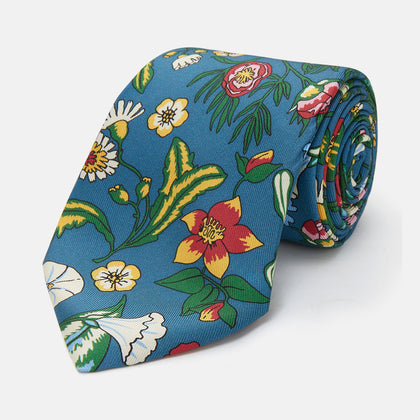 Teal Wildflower Printed Silk Tie