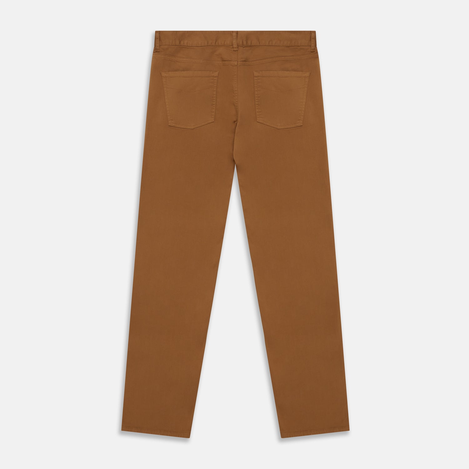 View 3 of product Tan Stretch Cotton Five-Pocket Mylo Jeans by Turnbull & Asser, featuring a classic straight-leg cut, are displayed flat on a white background—showcasing timeless style and quality craftsmanship.