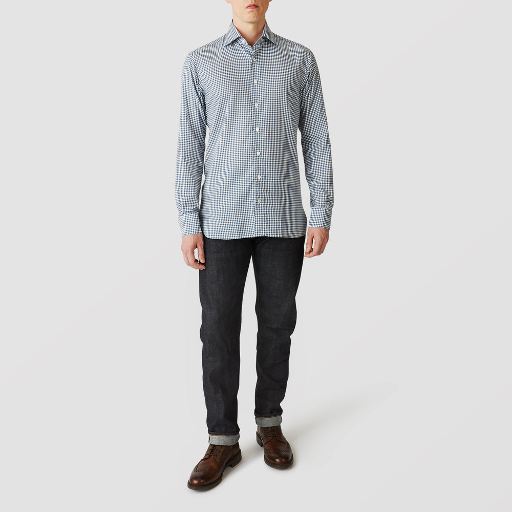 The Turnbull & Asser Blue Multi Check Tailored Fit Shirt features a Kent collar, 2-button cuffs, and a fine blue and white checked pattern—an essential men's wardrobe piece—shown flat on a white background.