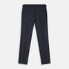 View 1 of product The Navy Escorial Wool Jonathan Trousers by Turnbull & Asser, featuring side adjusters, front pleats, and side pockets, are shown laid flat on a white background.