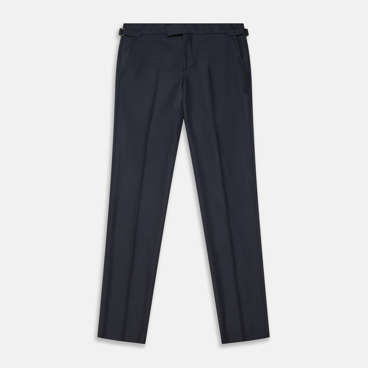 View 1 of product The Navy Escorial Wool Jonathan Trousers by Turnbull & Asser, featuring side adjusters, front pleats, and side pockets, are shown laid flat on a white background.