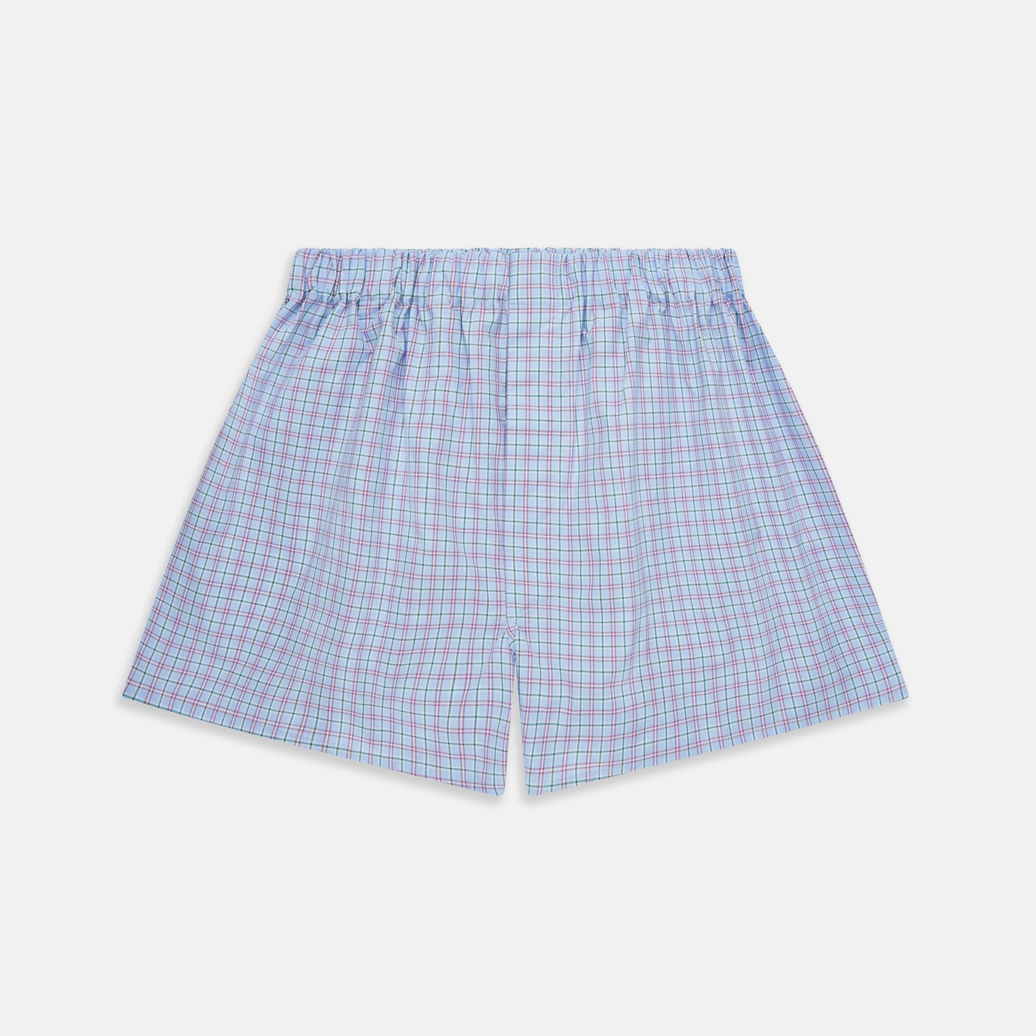 View 1 of product Turnbull & Asser Blue, Purple & Green Check Cotton Boxer Shorts with an elastic waistband, shown flat on a white background. The check pattern offers a classic look—ideal for those who value luxury underwear.