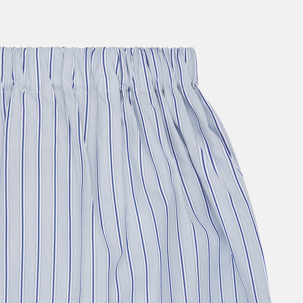 Turnbull & Asser Navy & Blue Stripe Cotton Boxer Shorts feature a white base with light blue and navy pinstripes and an elastic waistband for added comfort.