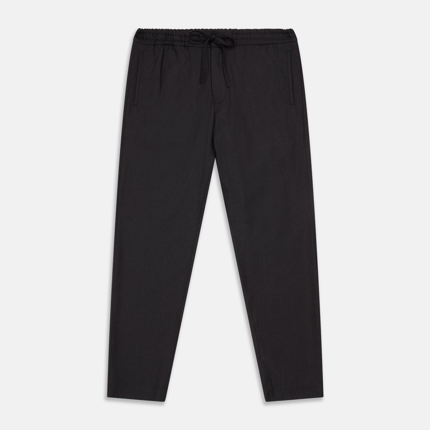 View 1 of product Turnbull & Asser Charcoal Tailored Drawstring Trousers in wool flannel, featuring an elastic waistband, straight legs, and side pockets, shown laid flat on a white background.