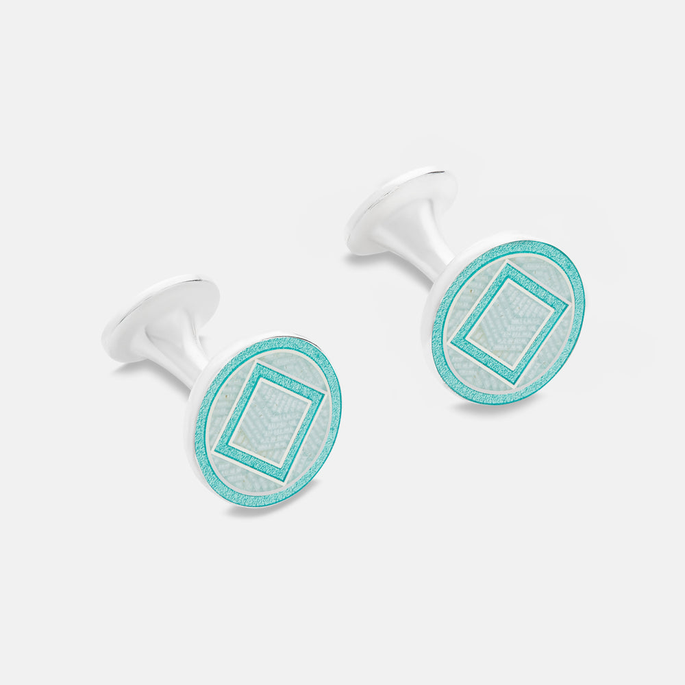 Turnbull & Asser Light Green Sterling Silver Cufflinks feature a geometric pattern with a central square design, making them a refined choice for men's accessories. Shown against a plain white background.