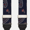 View 2 of product A pair of Navy Paisley Adjustable Silk Braces by Turnbull & Asser, featuring black leather loops and silver-tone adjusters, is displayed on a white background.