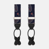 View 1 of product A pair of Navy Paisley Adjustable Silk Braces by Turnbull & Asser, featuring black leather loops and silver-tone adjusters, is displayed on a white background.