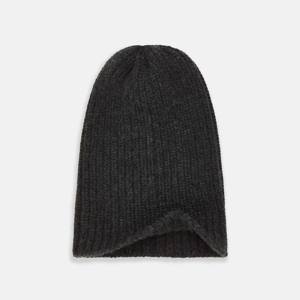 Turnbull & Asser's Charcoal Cashmere Ribbed Hat features a folded brim and soft cashmere construction, shown against a plain white background.