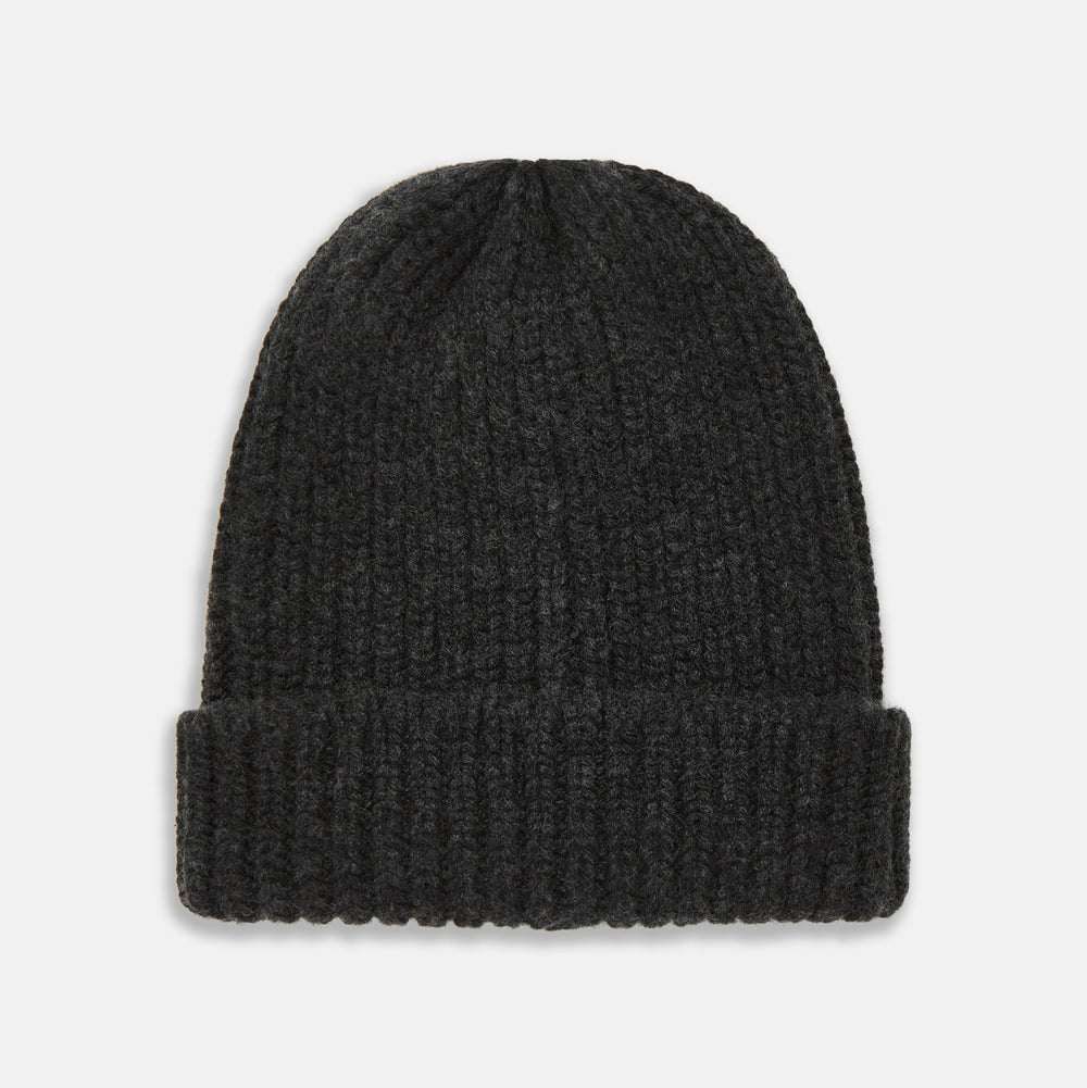 Turnbull & Asser's Charcoal Cashmere Ribbed Hat features a folded brim and soft cashmere construction, shown against a plain white background.