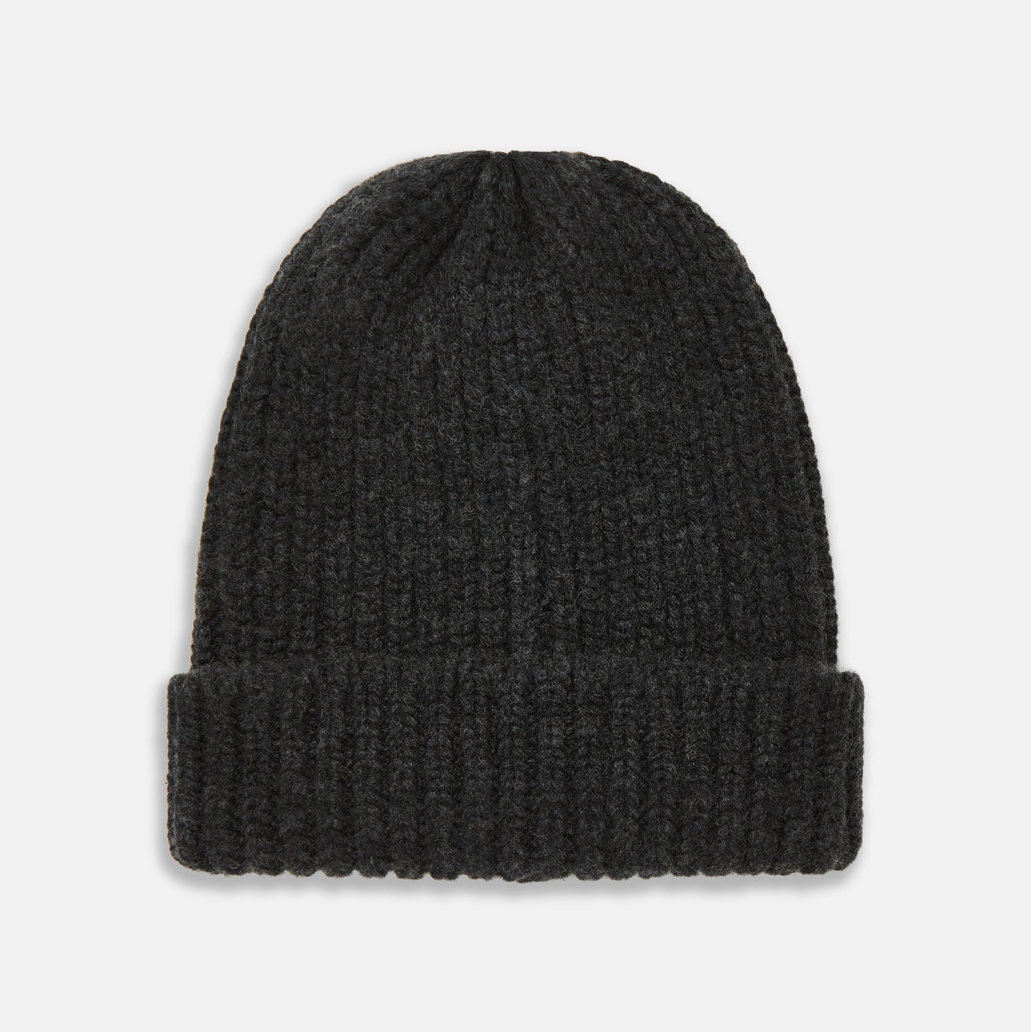 View 1 of product Turnbull & Asser's Charcoal Cashmere Ribbed Hat features a folded brim and soft cashmere construction, shown against a plain white background.