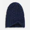 View 3 of product The Turnbull & Asser Navy Cashmere Cable Hat features a ribbed fold-over cuff and cable knit pattern, shown on a plain light background.