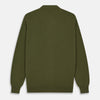 View 3 of product The Olive Lachlan Cashmere Cardigan by Turnbull & Asser features long sleeves, two front pockets, a V-neckline, and ribbed cuffs and hem—a smart-casual classic shown laid flat on a white background.