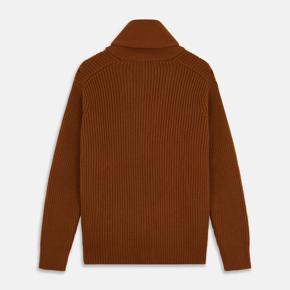 The Brown Ainsley Ribbed Shawl Cashmere Cardigan by Turnbull & Asser features a ribbed knit texture, black front buttons, and two front pockets, displayed laid flat on a white background.